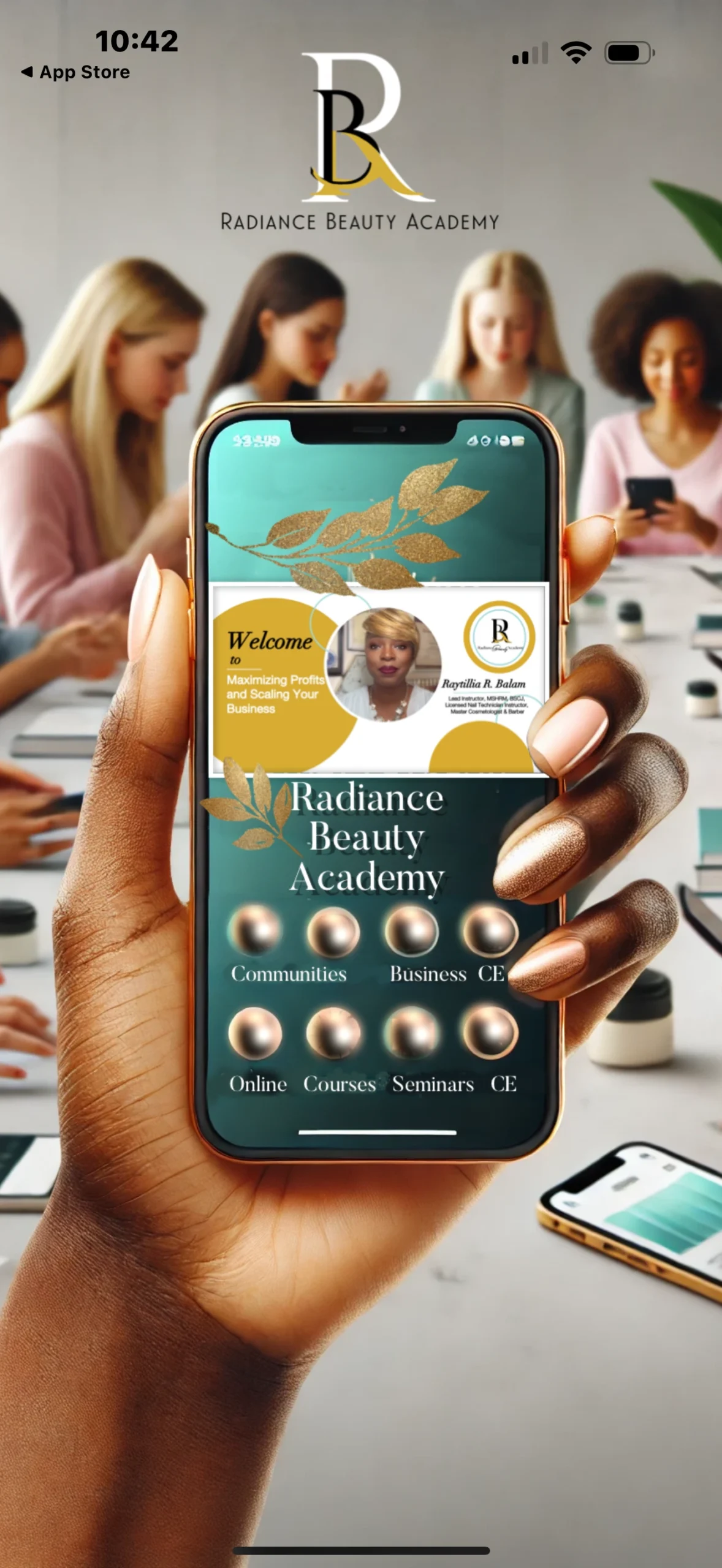 Screenshot of the Radiance by Raytillia app on iPhone showing the Radiance Beauty Academy home screen with a welcome message and tiles for Communities, Business, CE, Online Courses and Seminars.