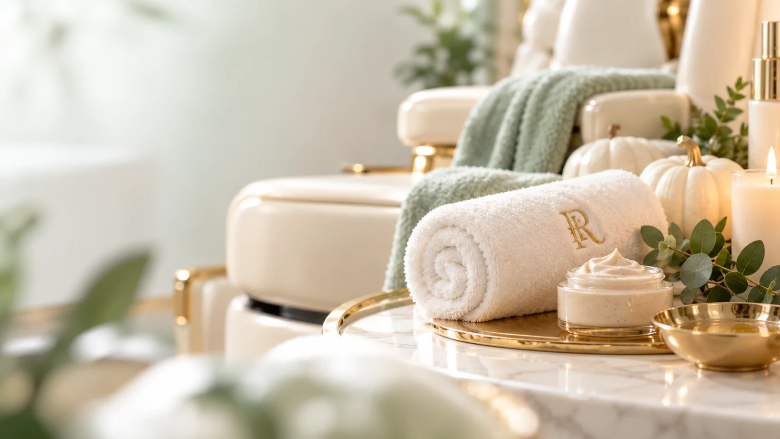 Seasonal spa still life: a rolled white towel embroidered with a gold R on a gold tray, with a jar of cream, a gold bowl, a white pumpkin, eucalyptus and a candle on white marble, in front of an ivory pedicure chair with a mint-green towel.
